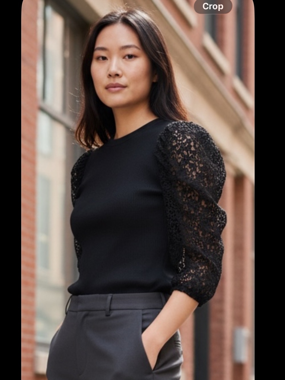 NWT Suzy Shier Black Textured Knit Top w/ Lace Puff Sleeves Size S/P